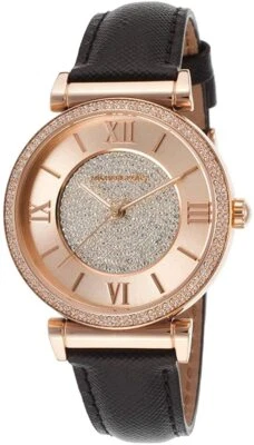 Michael Kors CATLIN Oro Rosa, Nero Saffiano Pelle Band, Cristalli, WATCH-MK2376 - Immagine 1 di 3