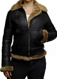Women's Black RAF Aviator B3 Bomber Coat Shearling Fur Sheepskin Leather Jacket - Picture 1 of 4