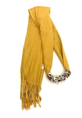 Amarelo mostarda Pashmina com detalhes multicoloridos ~ 74" L x 27" W - Imagem 1 de 3
