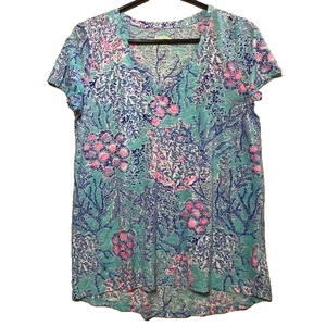 Lilly Pulitzer Floral V Neck Tee Womens Small Ibiza Now You Sea Me - Picture 1 of 12
