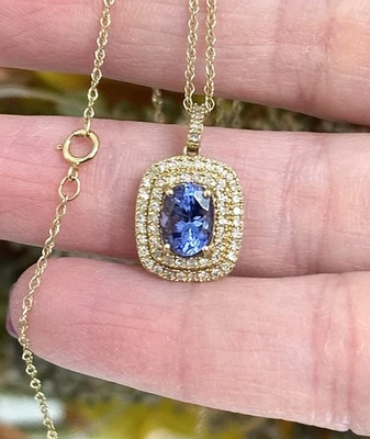 "Collar de cadena de 18"" con halo de diamantes de tanzanita de oro amarillo de 14k para dama" Foto 1 de 4