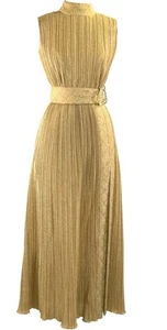 Vtg 60s 70s Gold Lurex Lame Pleated Maxi Dress Gown Belt As seen in Palm Royale - Picture 1 of 9