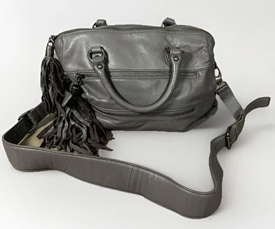 RACHEL ZOE Large Zippered  Purse Shoulder Bag in Grey Genuine Leather Tassels - Image 1 of 4