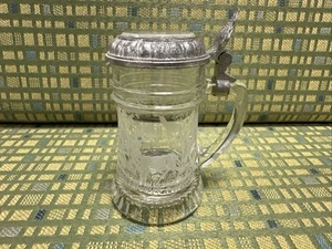 Vintage deutscher Stil Glas Bierstein mit Zinndeckel mit Hirsch & Elch geätzt - Bild 1 von 8