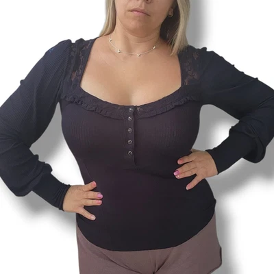 FREE PEOPLE Top espartilho gótico Y2K manga longa gola quadrada renda S romântica - Imagem 1 de 4