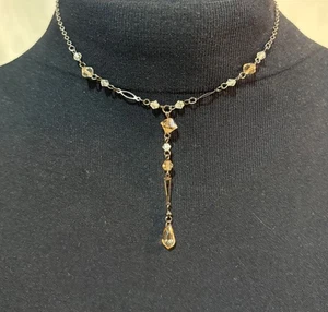Dainty Y Drop Necklace Champagne Crystal Beads Gunmetal Boho Gothic Jewelry - Picture 1 of 4