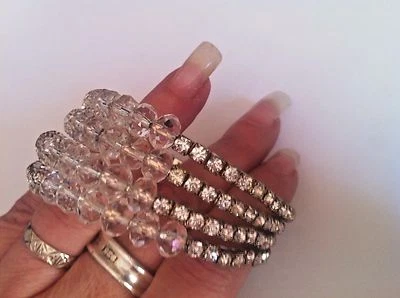 MULTI COIL MEMORY WIRE BRACELET diamante and genuine crystal beads silver plated - Image 1 of 4