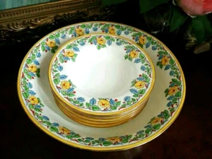 VINTAGE MINTON 7pc BOWL SET SERVING BOWL & 6 DISHES FLORAL ENAMEL FINISH SET - Picture 1 of 13