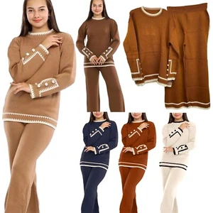 Womens Long Sleeve Knitted Jumper Trousers Coord 2Pcs Set Loungewear Tracksuit - Picture 1 of 8