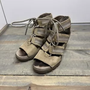 Sorel Womens 5 Joanie II Sandals Shoes tan Leather Wedge Heel Ankle Strap - Picture 1 of 5