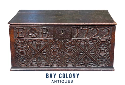 18TH C ANTIQUE WILLIAM & MARY PERIOD CARVED OAK BIBLE BOX DATED 1722 Cover