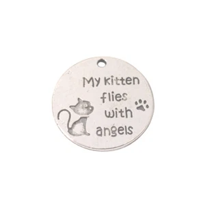 10PCS Antiqued silver my kitten flies with angels round charms 25mm #95326 - Picture 1 of 2