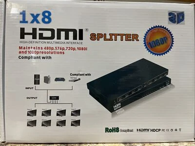 1x8 8-Port HDMI Video Splitter Amplifier Repeater Box Hub 3D 1080p 1-In 8-Out - Image 1 of 2