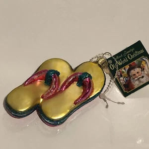 Vintage Old World Christmas Flip Flops in Yellow Blown Glass Ornament Tag - Picture 1 of 5