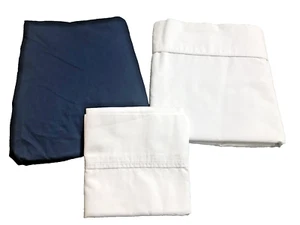 Twin Navy Fitted & White Flat Sheets w/1 Standard Pillow Case 100% Cotton - Picture 1 of 1