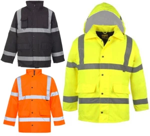 Hi Viz Vis Security Work Contractors Jacket Waterproof Hooded Safety Coat - Picture 1 of 14