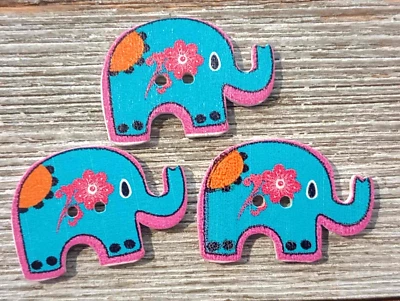3 Blue Elephant Flower Sewing Buttons Crafting Wood 2 Hole 1 1/8"  - Image 1 of 2