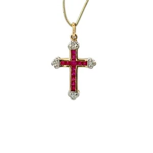 14K Yellow/White Gold Princess Cut Ruby & Diamond Cross Pendant - Picture 1 of 17