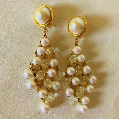 Chandelier Earrings Avon Pearl Crystal Beaded Gold Tone Metal Dangle Clip On - Image 1 of 4