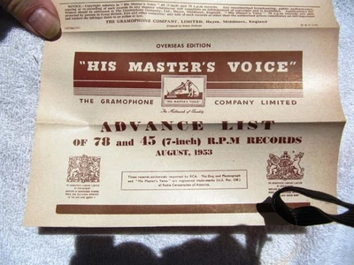 Aug 1953 HIS MASTER'S VOICE ADVANCE LIST 78 & 45 rpm Records Supplement CATALOG - Image 1 of 3