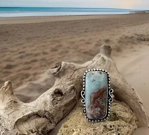 Anillo de piedras preciosas artesanales Larimar tamaño 8,5 - plata de ley 925 chapada - nuevo - Imagen 1 de 4