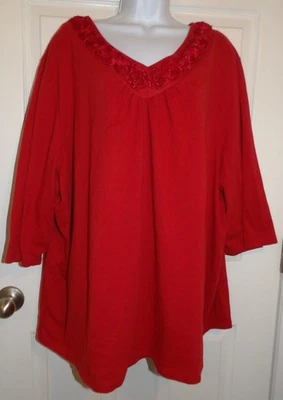 Cute Red 3/4 Sleeve LIZ & ME V-Neck Top w/Fabric Flowers - 3X - Image 1 of 2