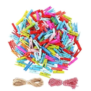 120 PCS 3.5cm Colored Wooden Clothespins, 98 Feet Twine, Mini Craft Photo Pegs - Picture 1 of 7