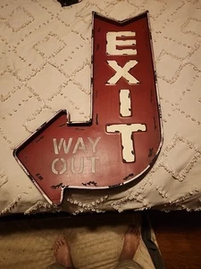 EXIT WAY OUT Large 32" Metal Red Arrow Theater Man Cave Garage Vintage Look - Picture 1 of 8
