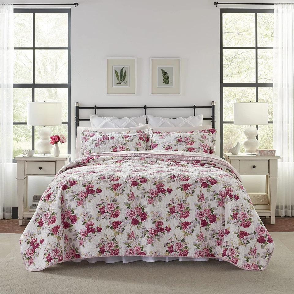 Laura Ashley Lidia Reversible Queen Quilt Set 100 Cotton Pink White Floral 90x90