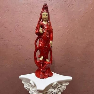 Vintage Chinese Wood Polychrome Red Lacquer Quan Yin Guanyin Statue - 21" Tall - Picture 1 of 10