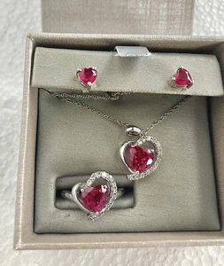 Sterling Silver 925 Lab created Ruby White Sapphire Pendant Ring Earrings ❤️ Set - Picture 1 of 8