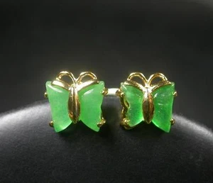 Yellow Gold Plate CHINESE Icy Green JADE Butterfly Earrings Dangle 260220 - Picture 1 of 6