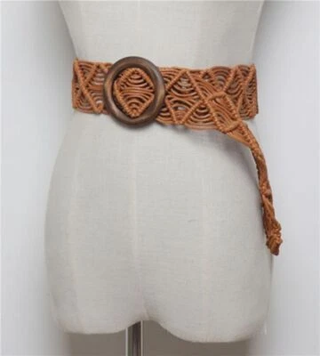 Knitted Bohemian Belts-Women Casual Vintage Style Wide 6cm Geometric Wood Buckle - Image 1 of 4