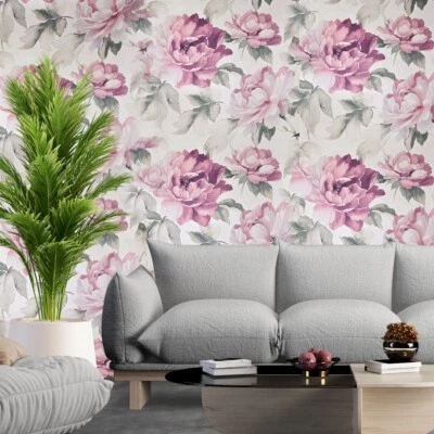 Floral off white green pink large peony flowers focal botanical blooms Wallpaper - Image 1 of 4