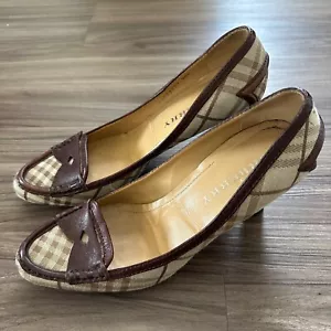 Burberry Heymarket Check Canvas Leather Loafers Heels Brown Size 38.5 - Picture 1 of 9