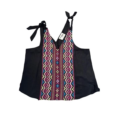 Savanna Jane The Bella Horatio Ribbon Tie Linen Tank Embroidered Women 1X Black - Image 1 of 3