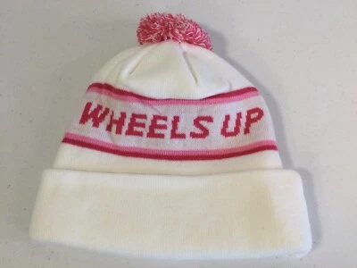 WHEELS-UP Ivory & Pink Trim Pom/Pom Beanie Knit Cap. NEW. - Image 1 of 3