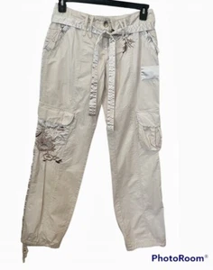Style Pants Womens 4 Boho Chic Cargo Beige Satin Trim Jogger Embroidered Floral - Picture 1 of 13