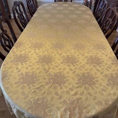 Martha Stewart Tablecloth Gold 56 x 114 Cotton Polyester Blend Poinsettia Holly - Image 1 of 4