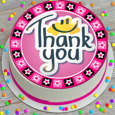PRECUT EDIBLE ICING CAKE TOPPER 7.5 INCH PINK THANK YOU WITH EMOJI FACE KCTY004