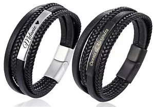 ID Leder Armband mit Edelstahlplatte + Gravur nach Wunsch Vierfaches Band 23 cm - Bild 1 von 12