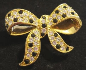 Elegant Bow Brooch Gold-tone Finish with Black & Clear stones. Unique Beauty - Picture 1 of 7