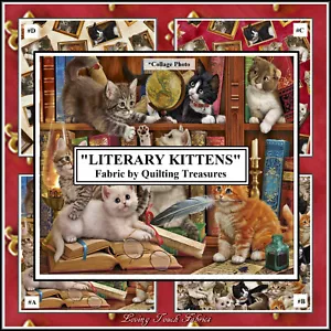 QUILTING TREASURES "LITERARY KITTENS" LIBRARY BOOKS CATS FABRICS - Picture 1 of 5