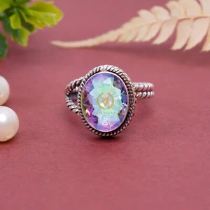 925 Sterling Silver Rainbow Mystical Fire Topaz Wedding Engagement Ring All Size - Picture 1 of 4