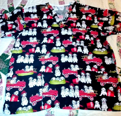 PEACHES SCRUBS TOP SHIRT DALMATIAN FIRE TRUCK 3 POCKETS FRONT MEDICAL DENTAL MED - Image 1 of 4