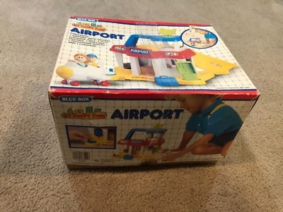 Vintage 1988 Blue Box My Happy Town Airport Hangar in Box Little People & Plane  - Image 1 of 4