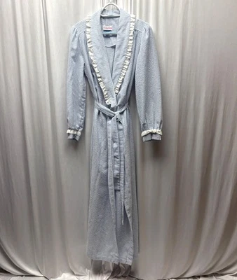 Bata larga a rayas azul blanco Evelyn Pearson para mujer talla mediana con cinturón y volantes de colección Foto 1 de 4