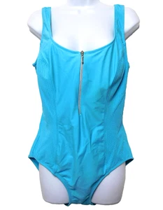 Sand N Sun One Piece Swimsuit Plus 1X Aqua Blue Zip Front Shelf Bra Modest - Picture 1 of 10