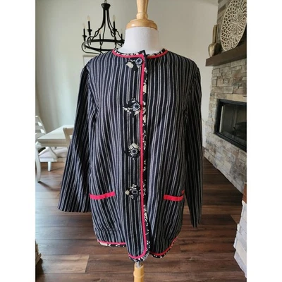 Koos of Course! Linen Blend  Reversible Stripe Kimono Jacket L Floral Trim - Image 1 of 4