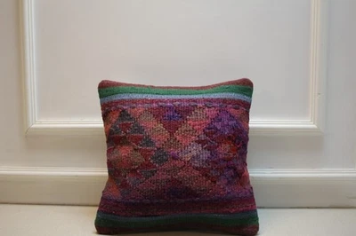 Vintage Turkish Kilim Pillow Cover 16x16" Handmade Wool Cushion Purple Red Green - Image 1 of 4